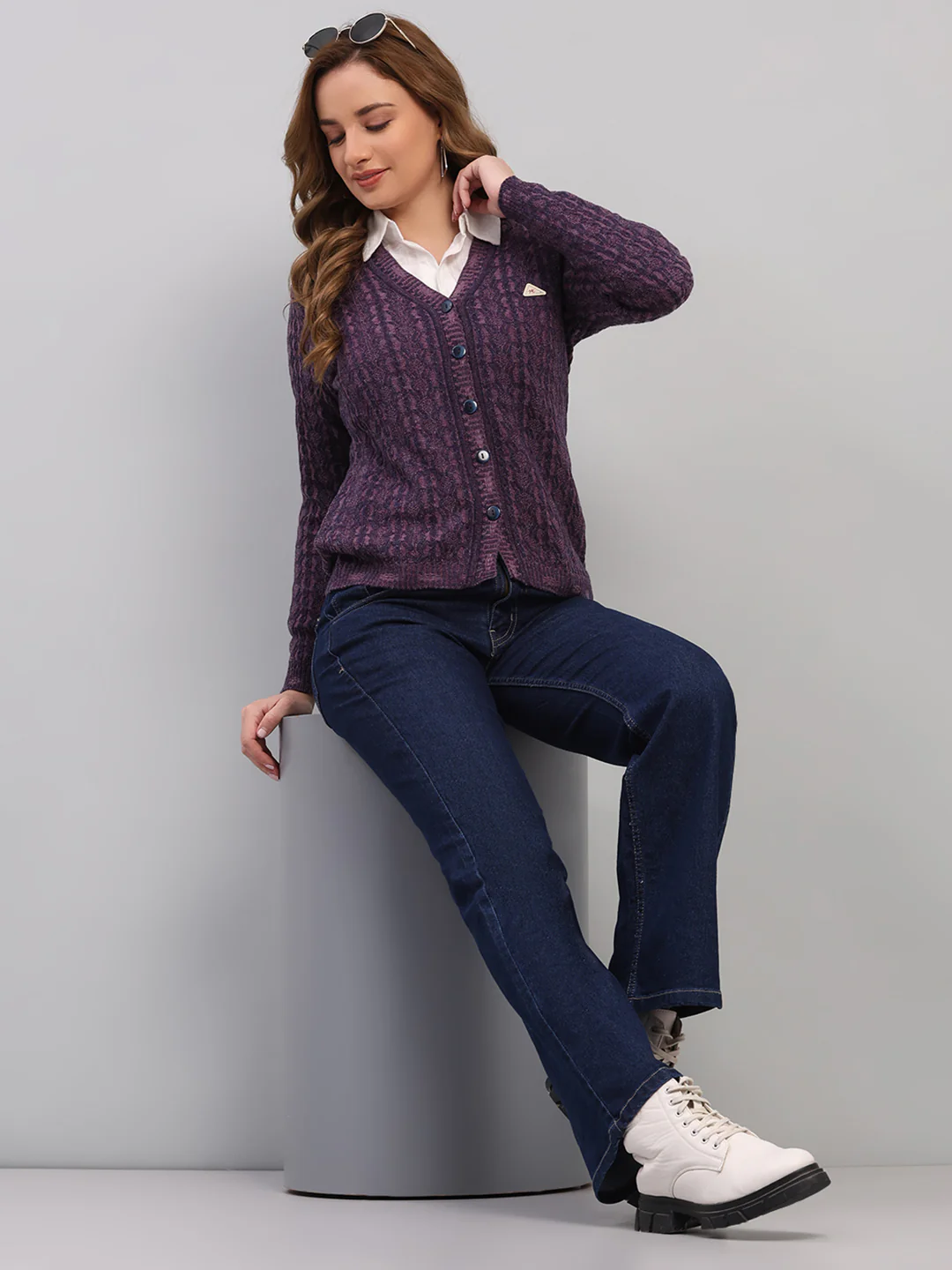 Women Purple Self Design V Neck Full Sleeve Cardigan - Image 2