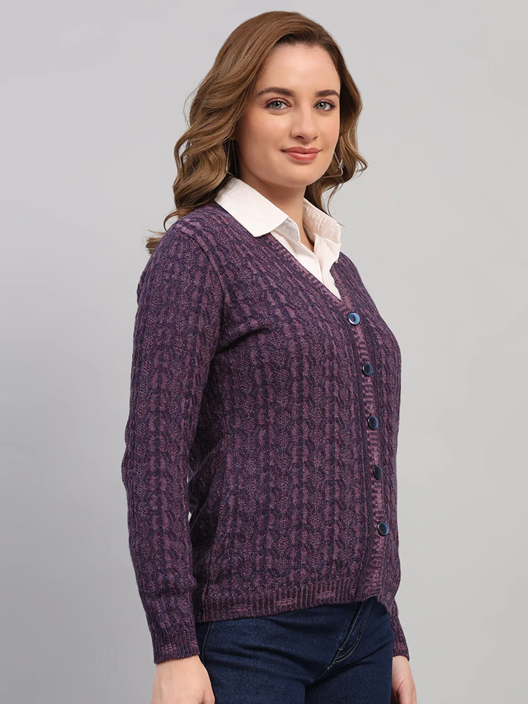 Women Purple Self Design V Neck Full Sleeve Cardigan - Image 4