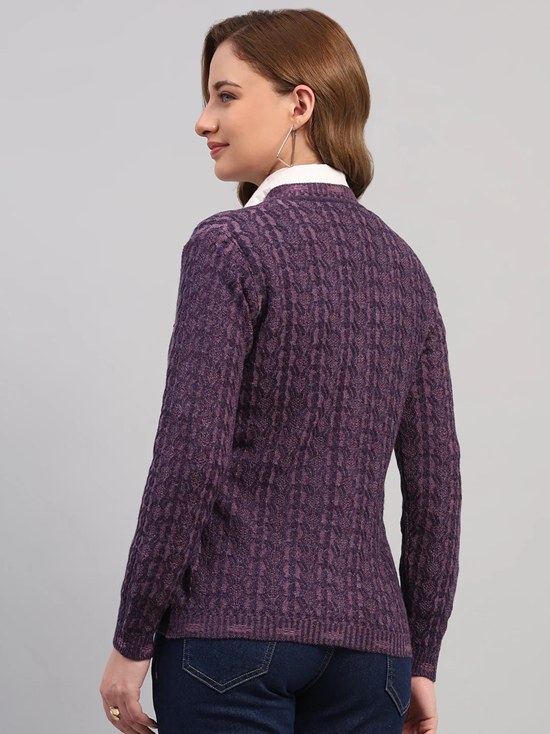 Women Purple Self Design V Neck Full Sleeve Cardigan - Image 5