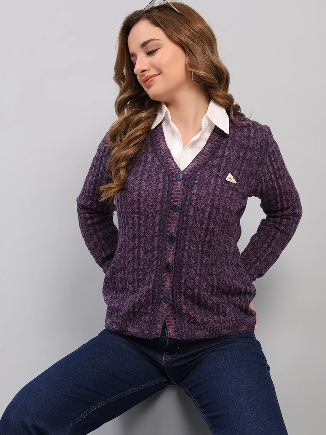 Women Purple Self Design V Neck Full Sleeve Cardigan - Image 6