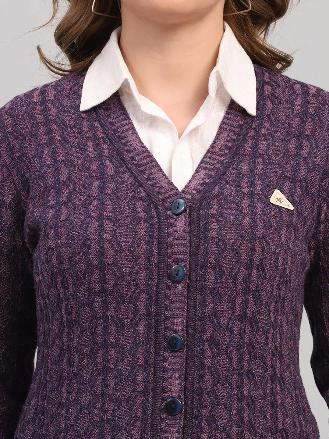 Women Purple Self Design V Neck Full Sleeve Cardigan - Image 7