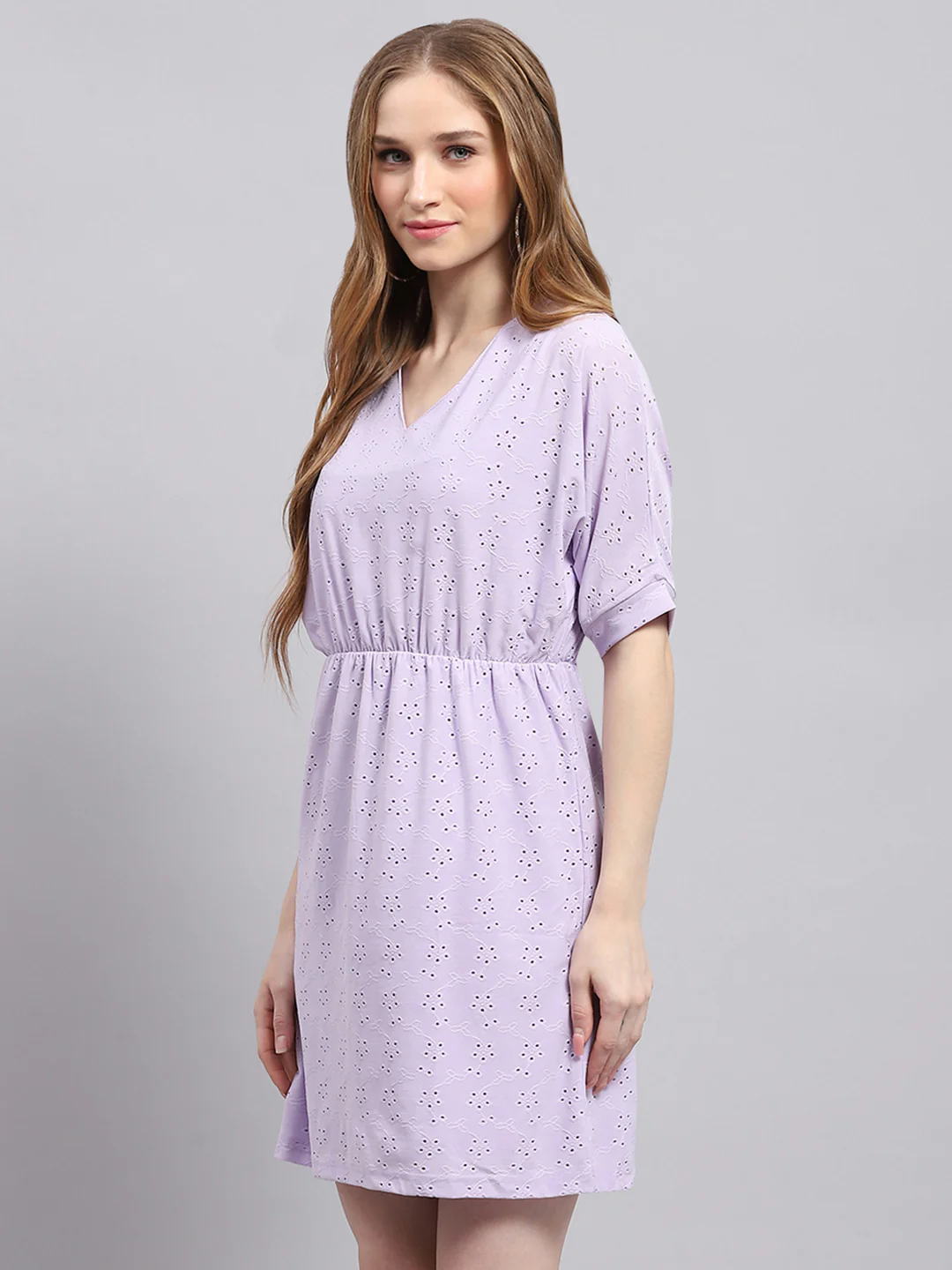 Women Purple Self Design V Neck Half Sleeve Tunic - Image 3