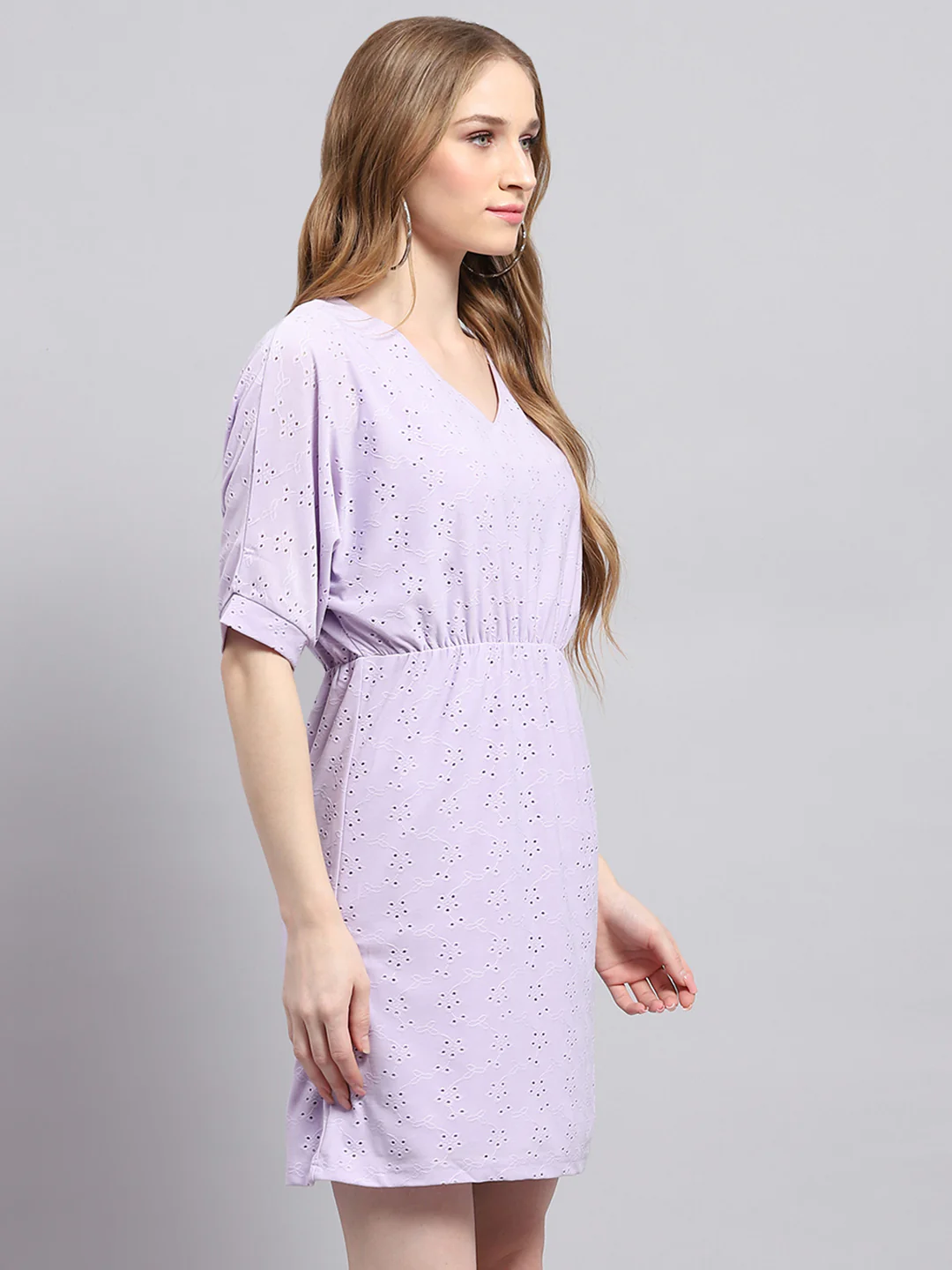 Women Purple Self Design V Neck Half Sleeve Tunic - Image 4