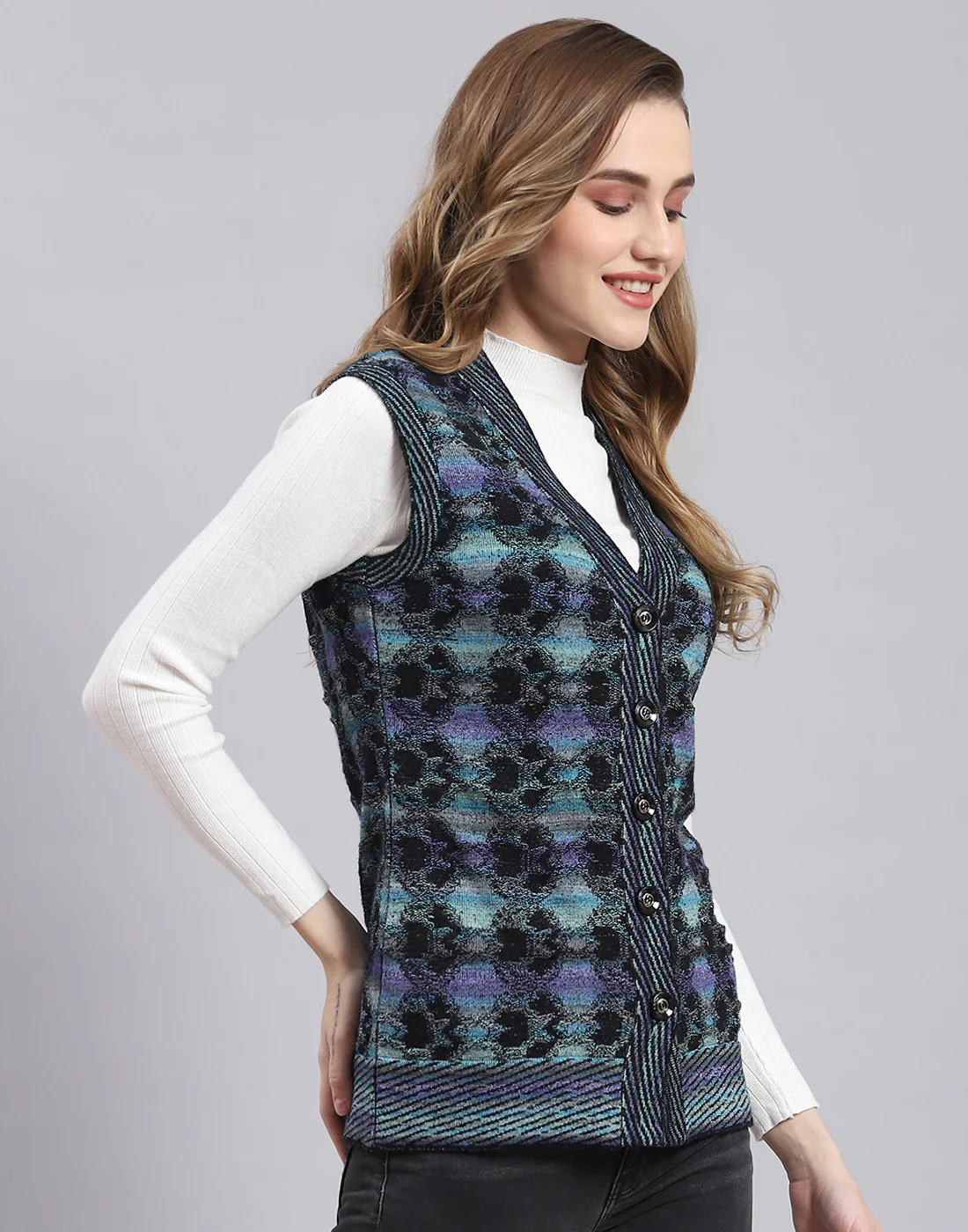Women Purple Self Design V Neck Sleeveless Cardigan - Image 4
