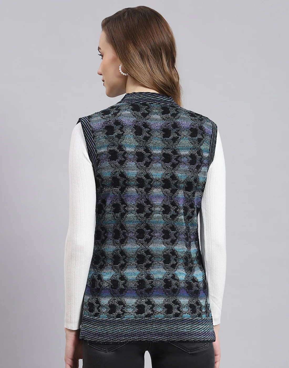 Women Purple Self Design V Neck Sleeveless Cardigan - Image 5