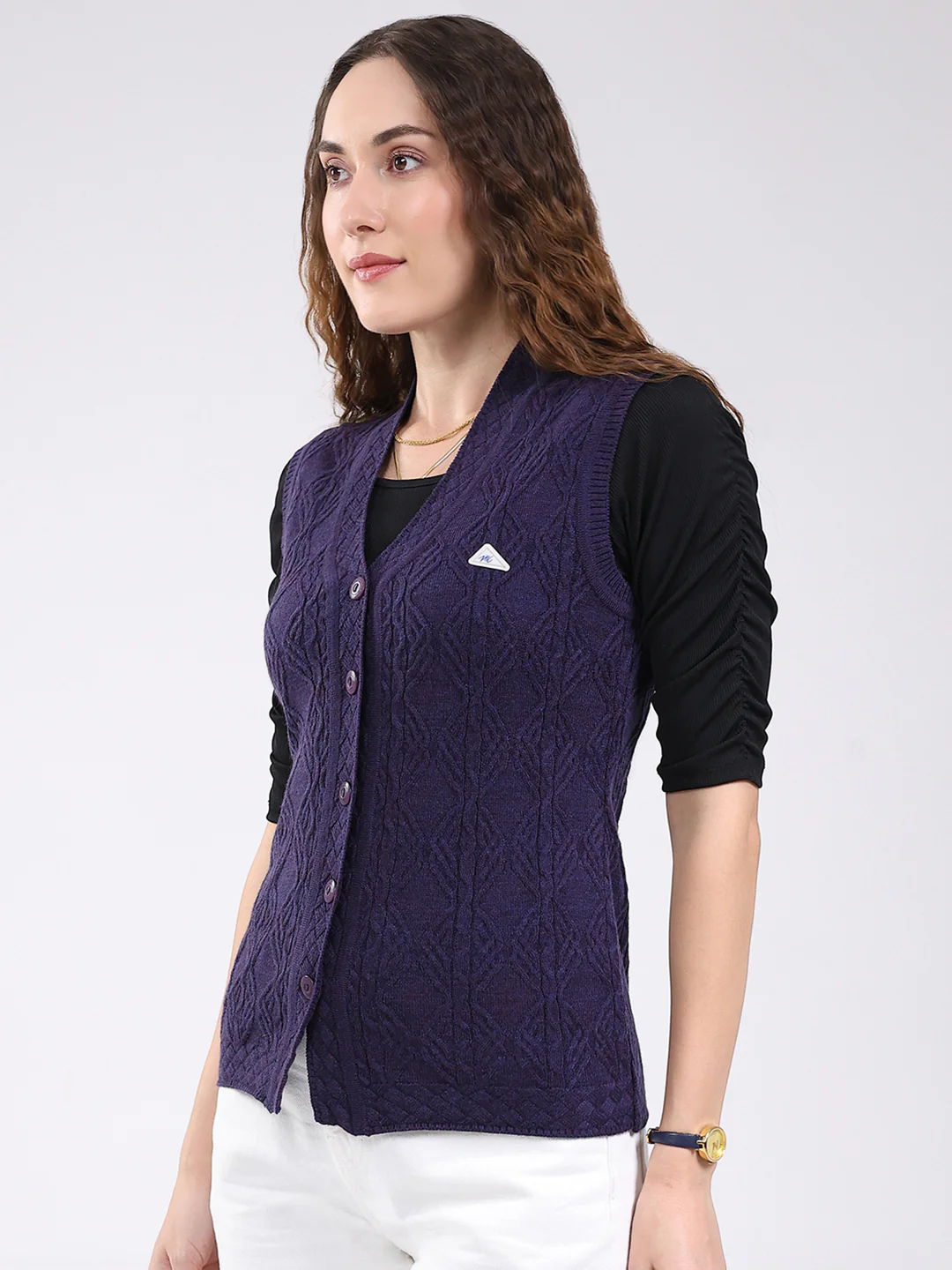 Women Purple Self Design V Neck Sleeveless Cardigan - Image 3