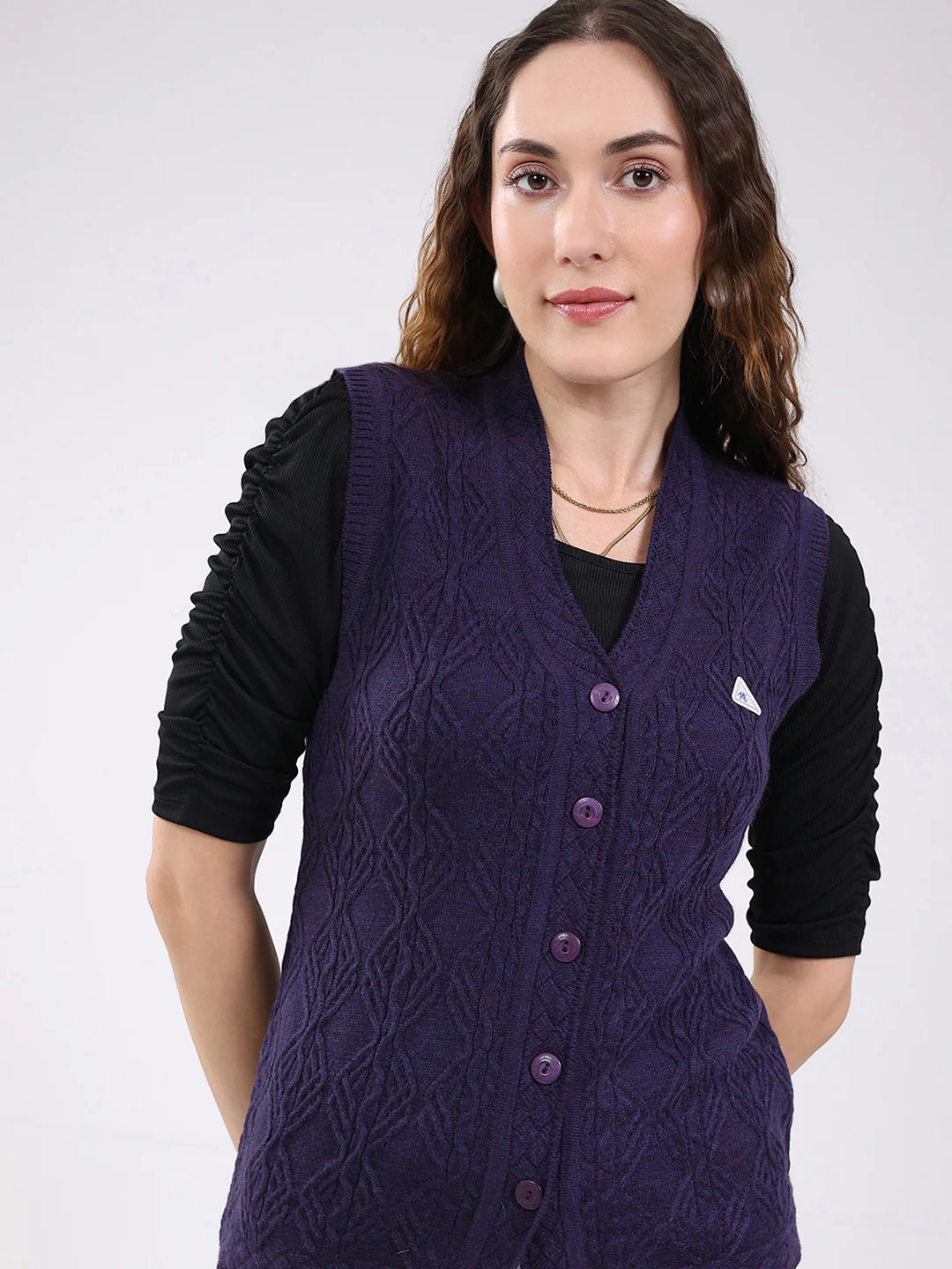 Women Purple Self Design V Neck Sleeveless Cardigan - Image 7