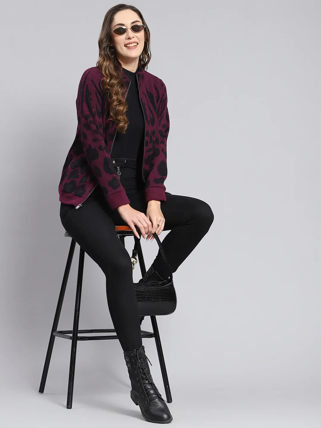 Women Purple Self Design F Neck Full Sleeve Sweatshirts - Image 2