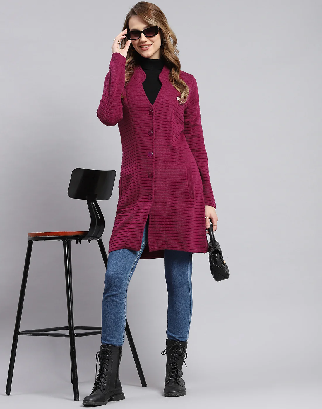 Women Purple Self Design Round Neck Full Sleeve Cardigans - Image 2