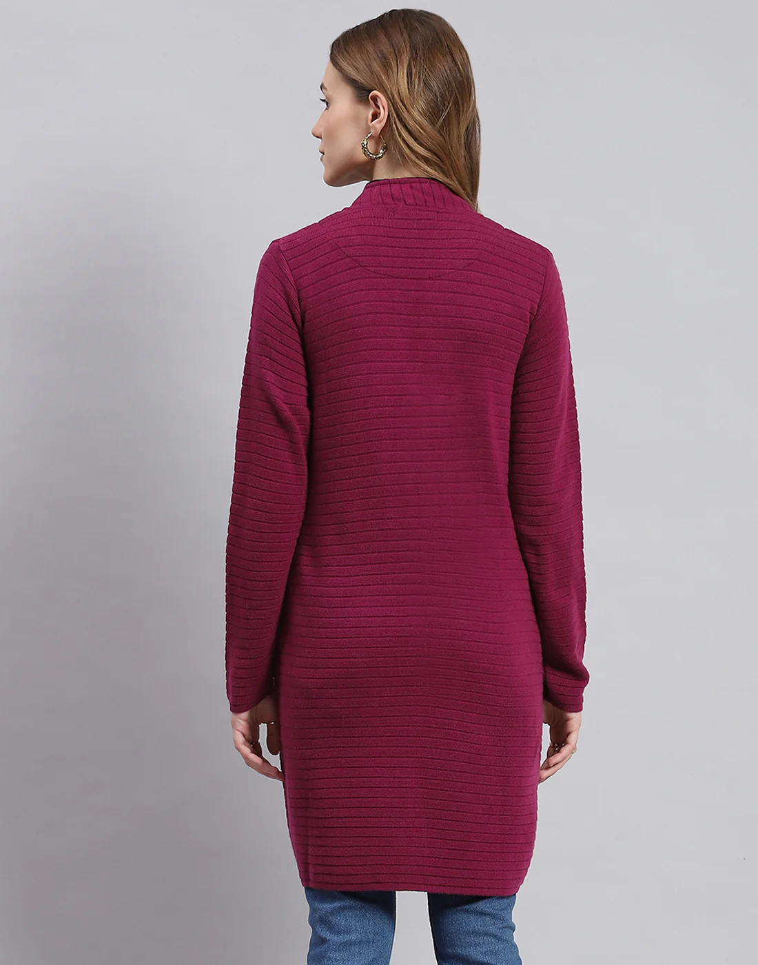 Women Purple Self Design Round Neck Full Sleeve Cardigans - Image 5