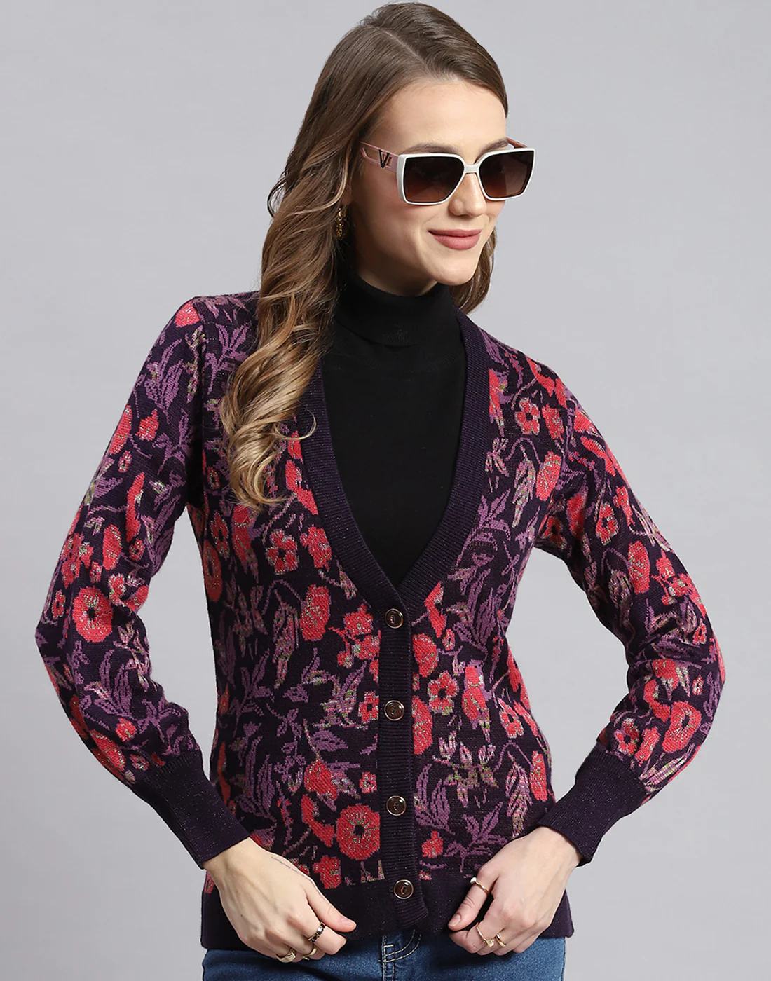 Women Purple Self Design V Neck Full Sleeve Cardigans - Image 3