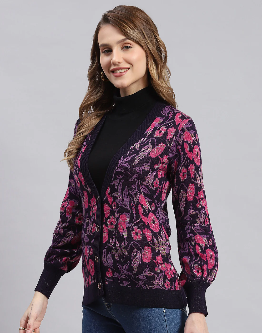 Women Purple Self Design V Neck Full Sleeve Cardigans - Image 4