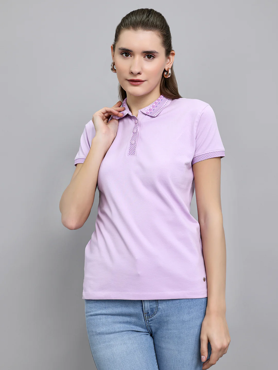 Women Purple Solid Collar Half Sleeve T-Shirt