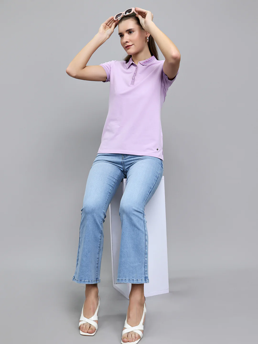 Women Purple Solid Collar Half Sleeve T-Shirt - Image 6