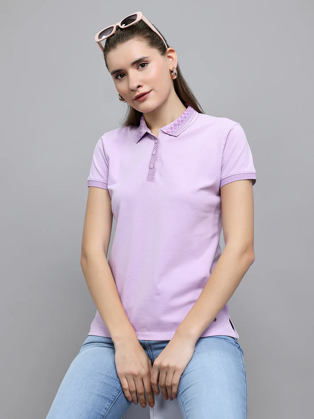Women Purple Solid Collar Half Sleeve T-Shirt - Image 7