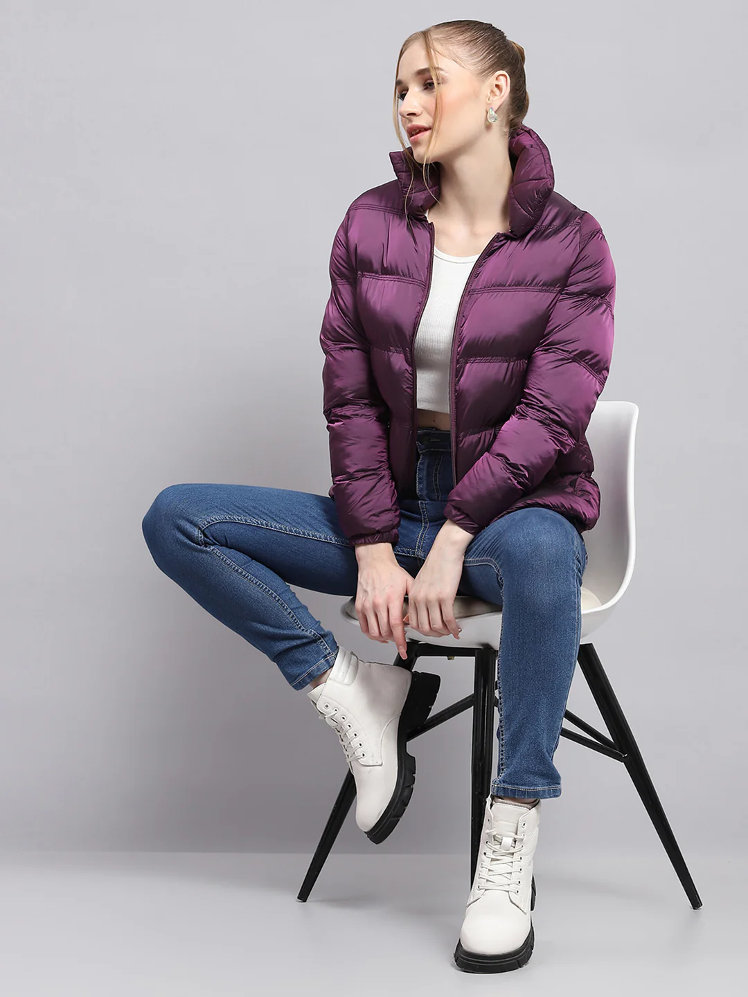 Women Purple Solid High Neck Full Sleeve Jacket - Image 2