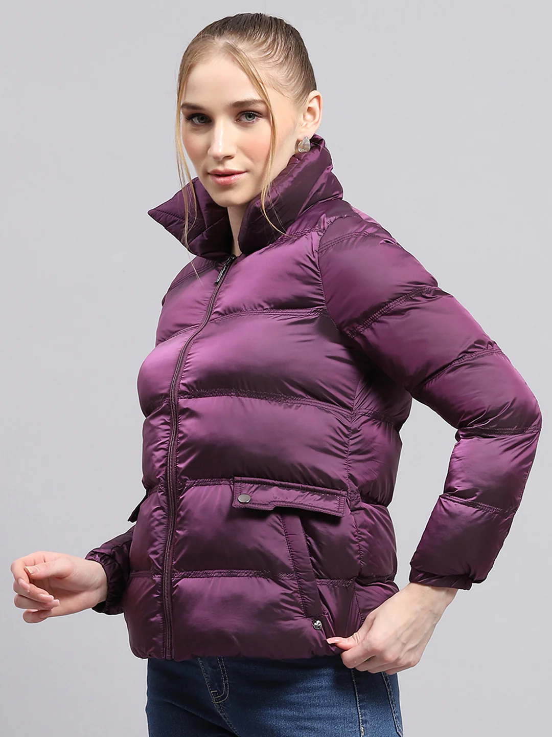 Women Purple Solid High Neck Full Sleeve Jacket - Image 3