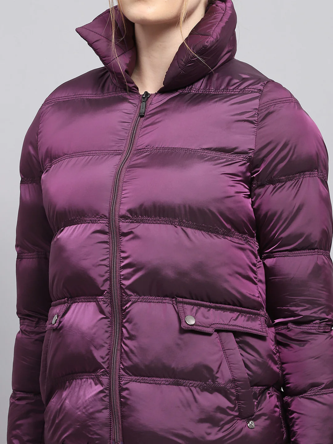 Women Purple Solid High Neck Full Sleeve Jacket - Image 7