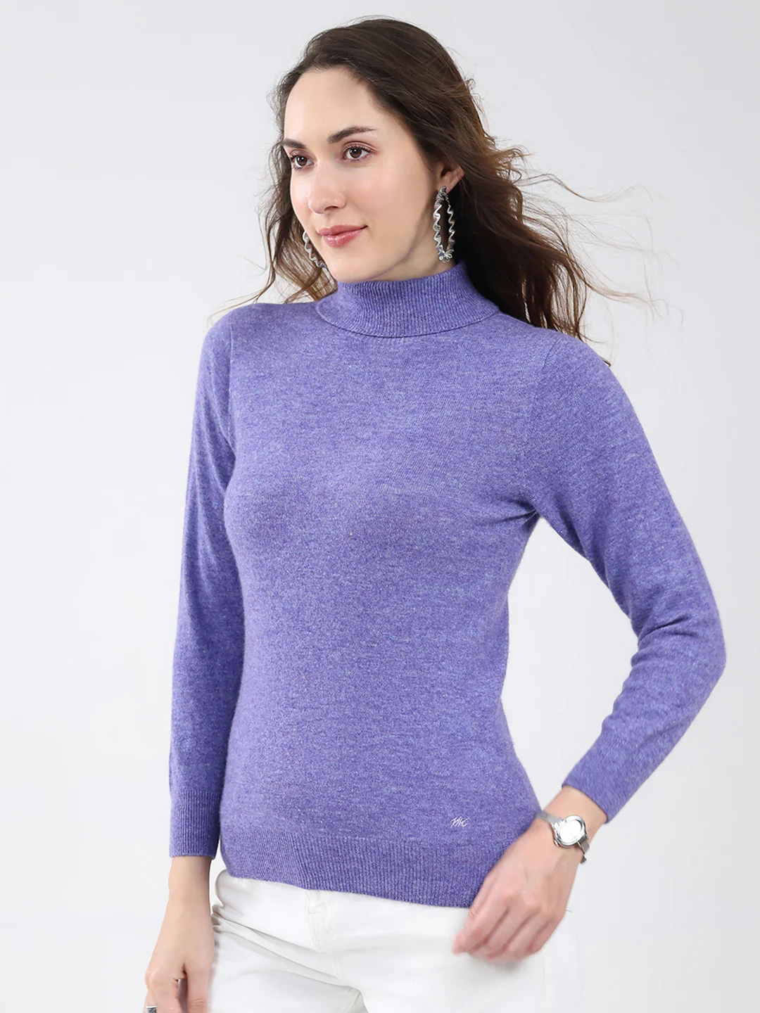 Women Purple Solid High Neck Full Sleeve Winter Top - Image 3
