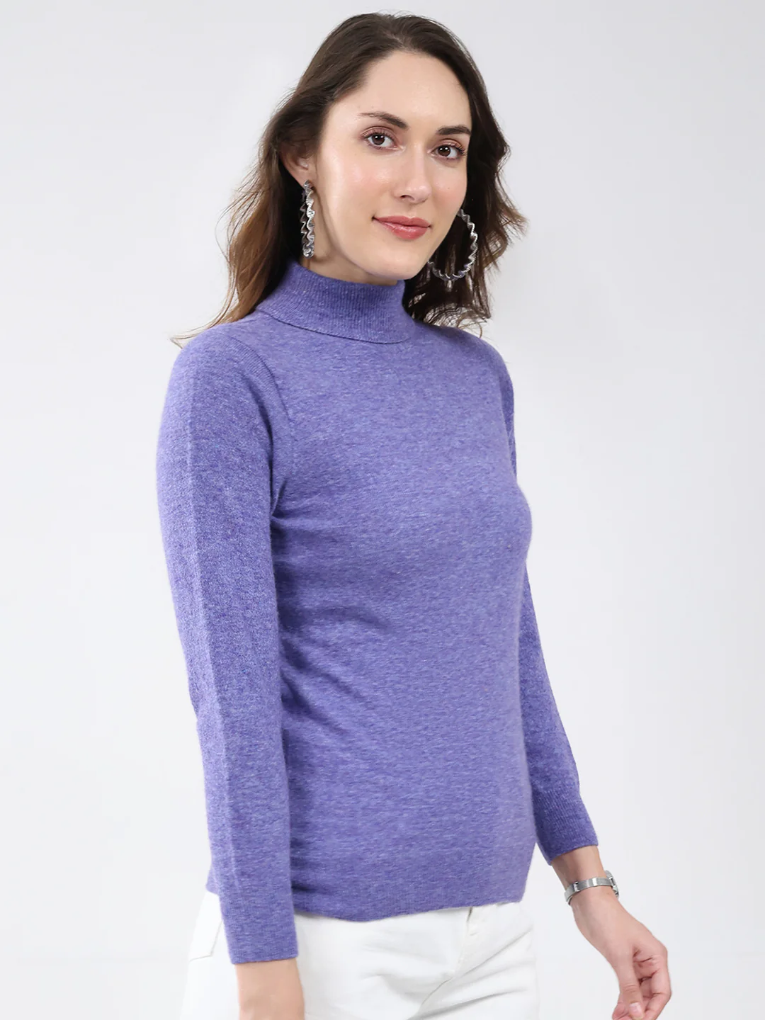Women Purple Solid High Neck Full Sleeve Winter Top - Image 4