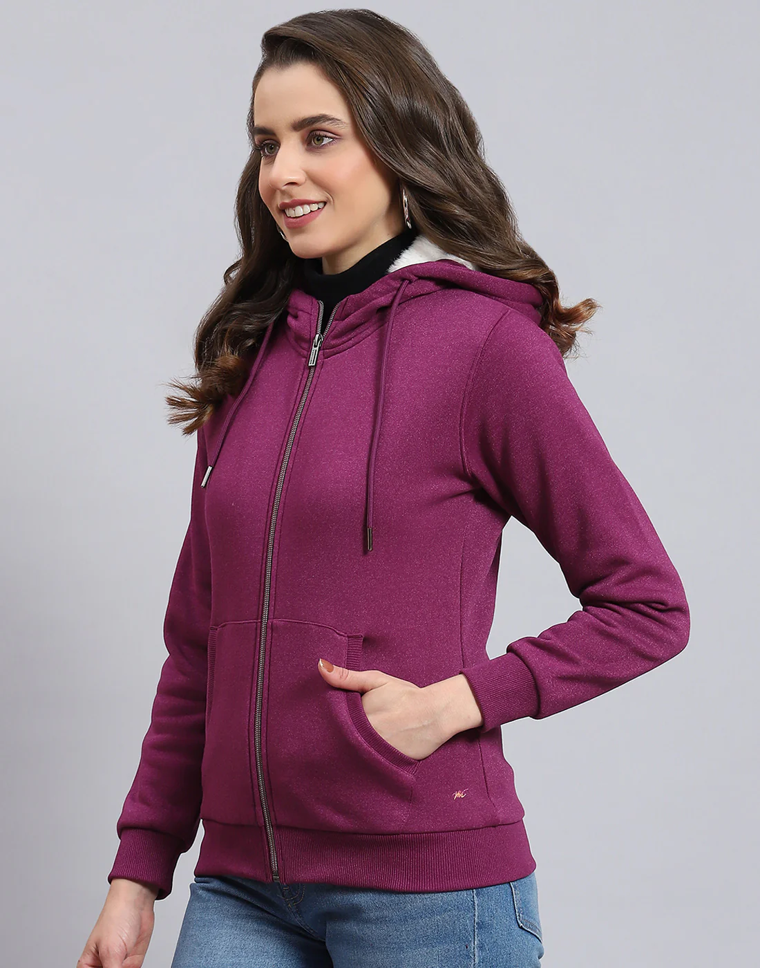 Women Purple Solid Hooded Full Sleeve Sweatshirt - Image 3
