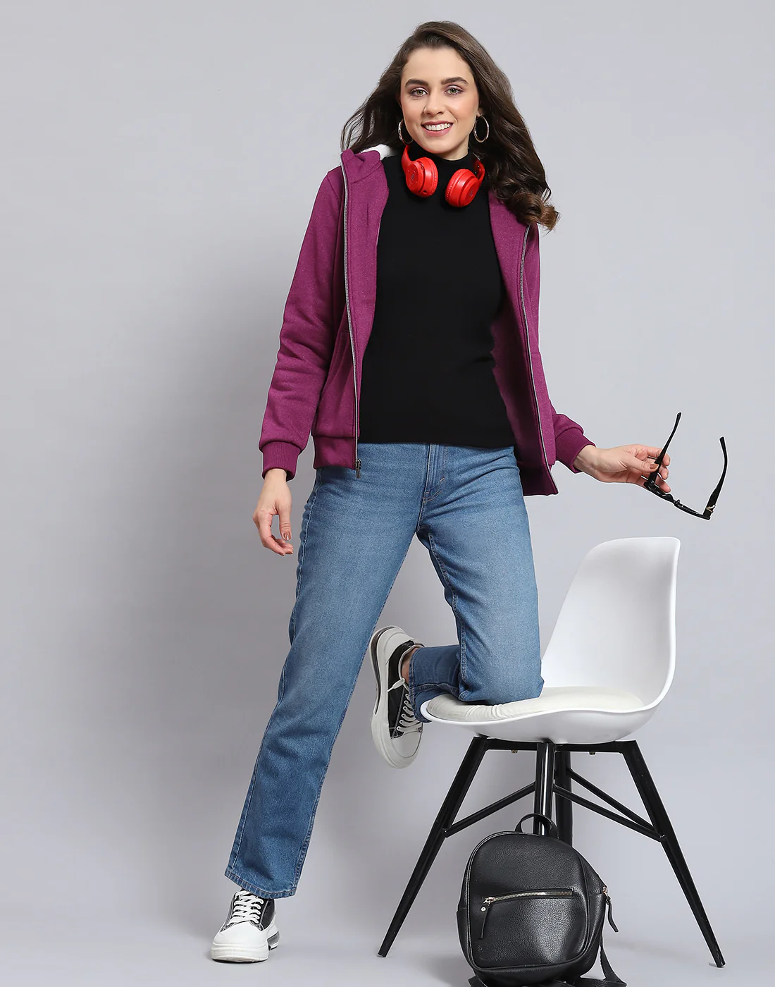 Women Purple Solid Hooded Full Sleeve Sweatshirt - Image 5