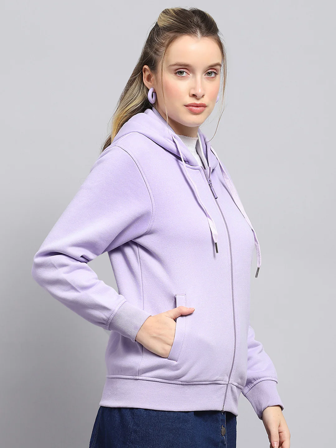 Women Purple Solid Hooded Full Sleeve Sweatshirt - Image 4