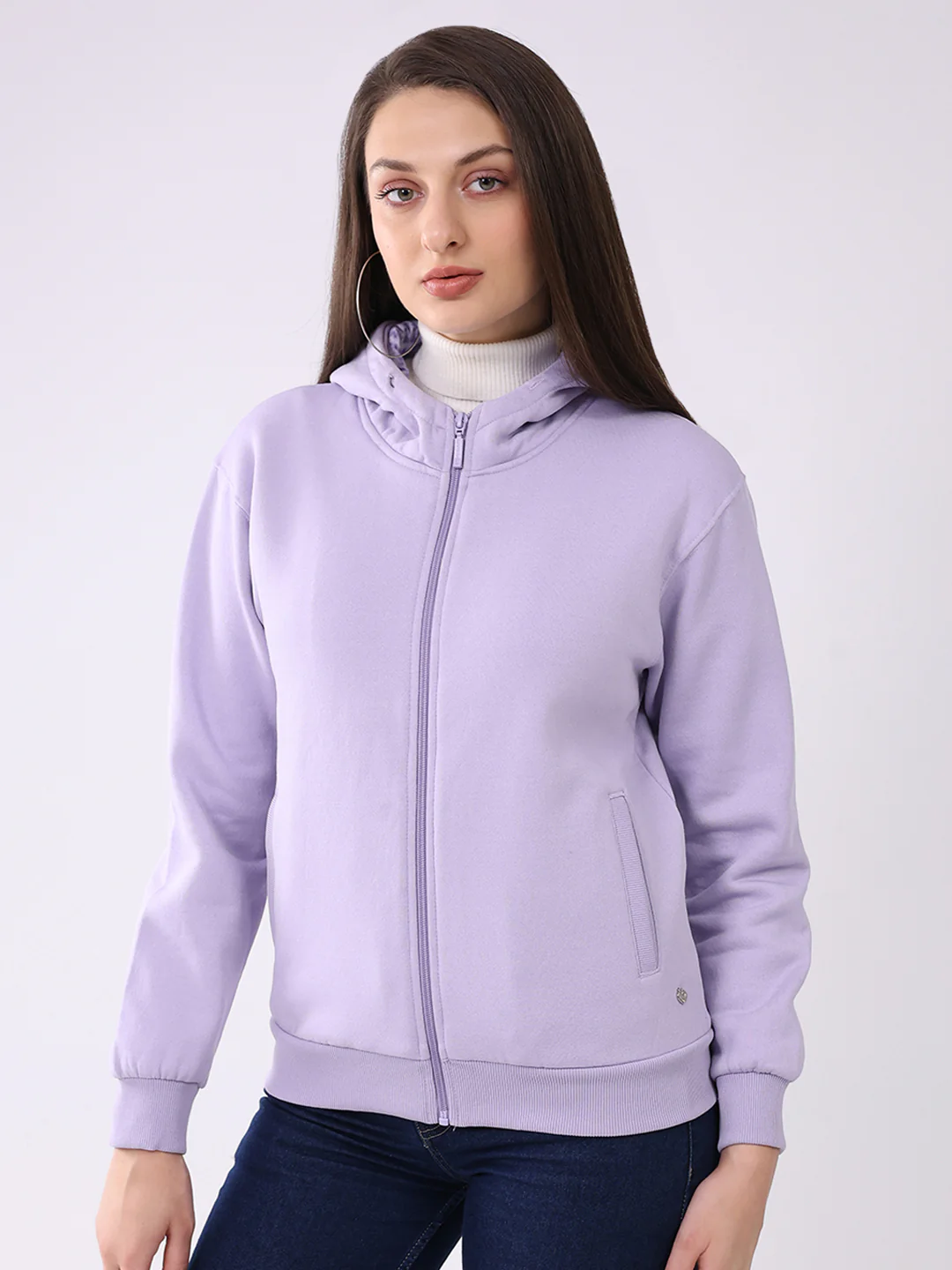 Women Purple Solid Hooded Full Sleeve Sweatshirt - Image 3