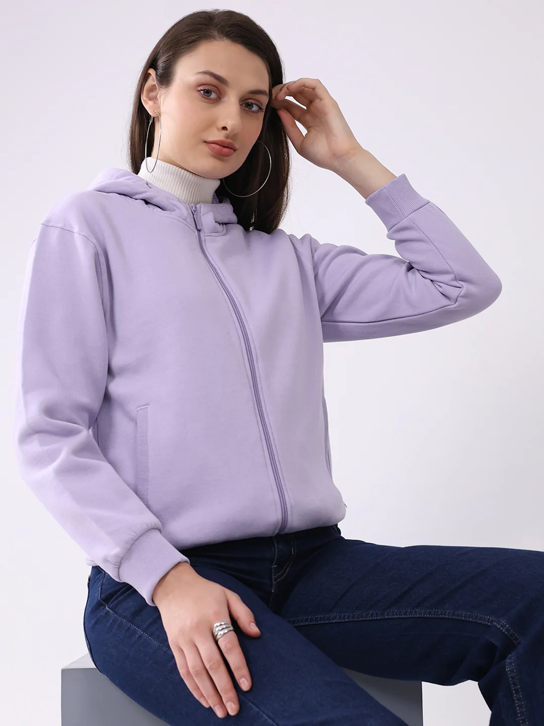 Women Purple Solid Hooded Full Sleeve Sweatshirt - Image 6