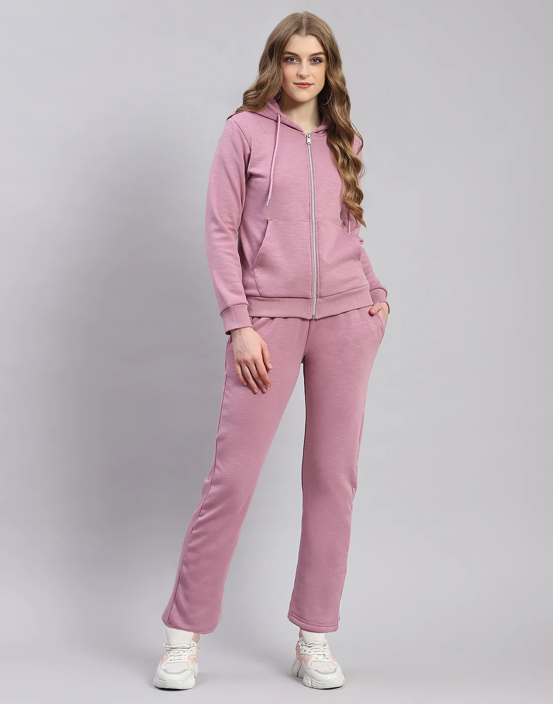 Women Purple Solid Hooded Full Sleeve Tracksuit - Image 2