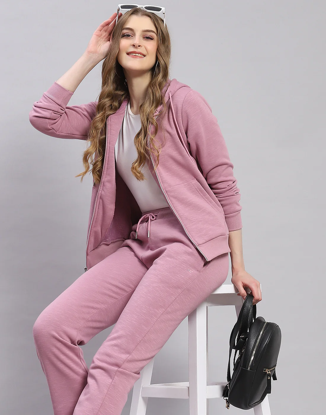 Women Purple Solid Hooded Full Sleeve Tracksuit - Image 6