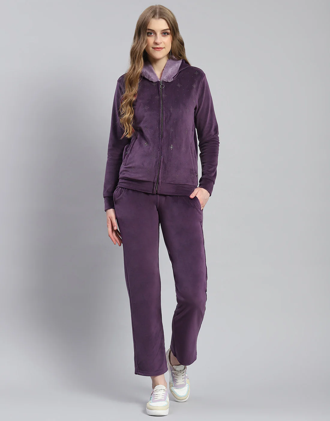 Women Purple Solid Hooded Full Sleeve Tracksuit - Image 2