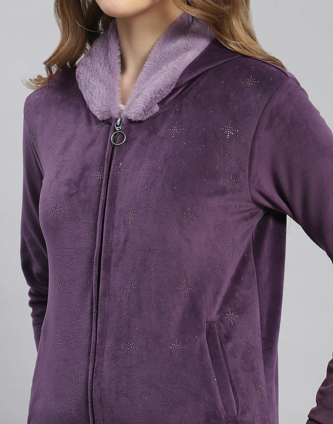 Women Purple Solid Hooded Full Sleeve Tracksuit - Image 6