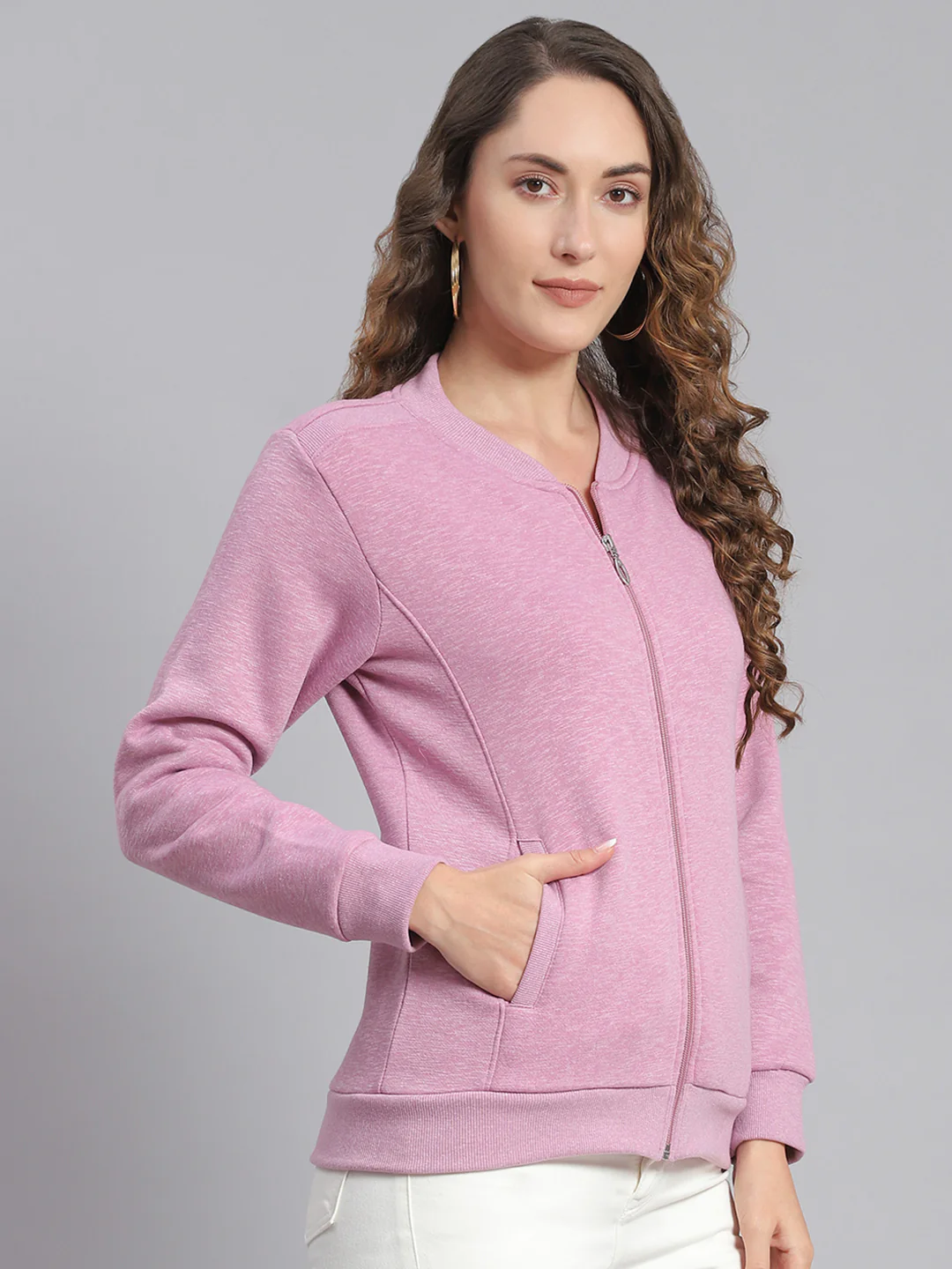 Women Purple Solid Mandarin Collar Full Sleeve Sweatshirts - Image 4