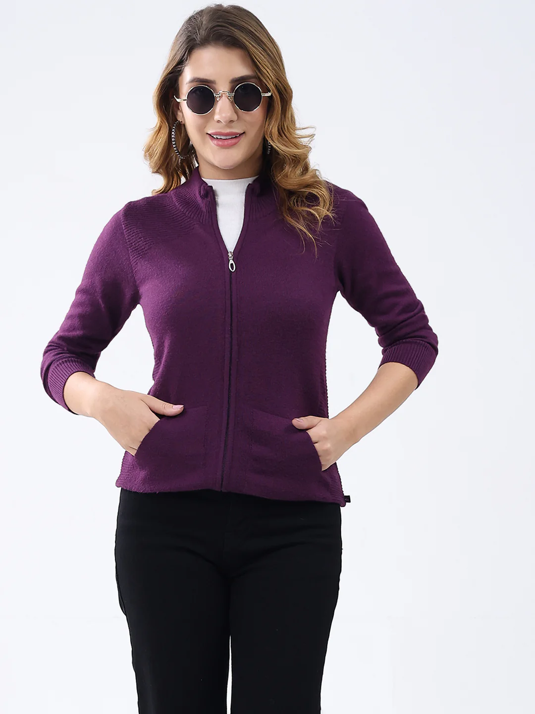 Women Purple Solid Mock Neck Full Sleeve Cardigan - Image 6