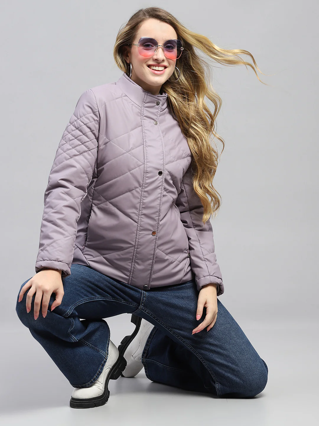 Women Purple Solid Mock Neck Full Sleeve Jacket - Image 2