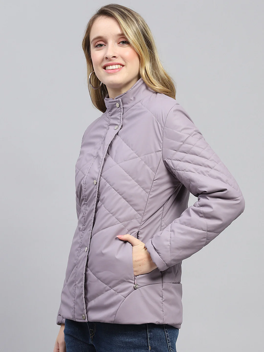 Women Purple Solid Mock Neck Full Sleeve Jacket - Image 3