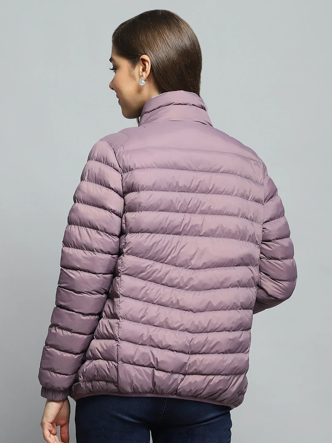 Women Purple Solid Mock Neck Full Sleeve Reversible Jacket - Image 5