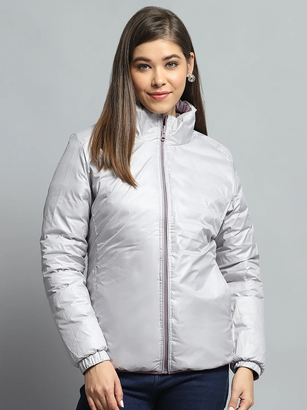 Women Purple Solid Mock Neck Full Sleeve Reversible Jacket - Image 6
