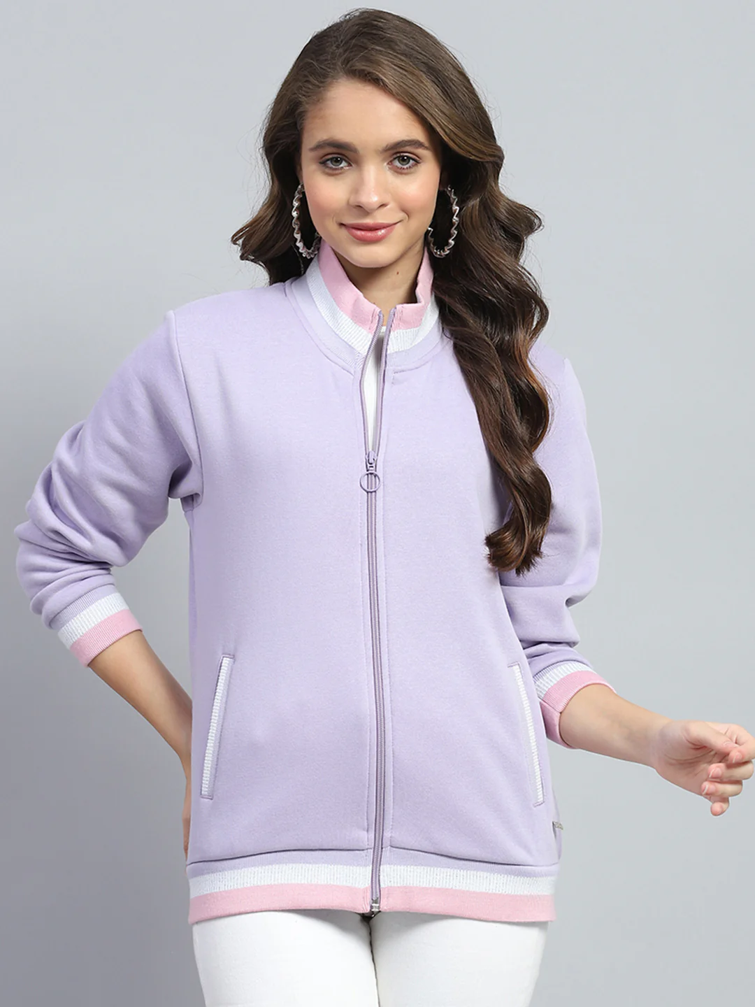 Women Purple Solid Mock Neck Full Sleeve Sweatshirt - Image 2