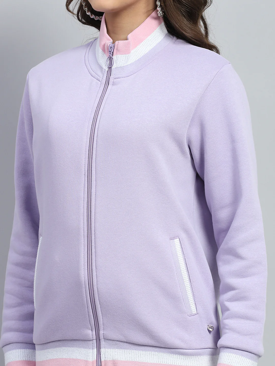 Women Purple Solid Mock Neck Full Sleeve Sweatshirt - Image 7