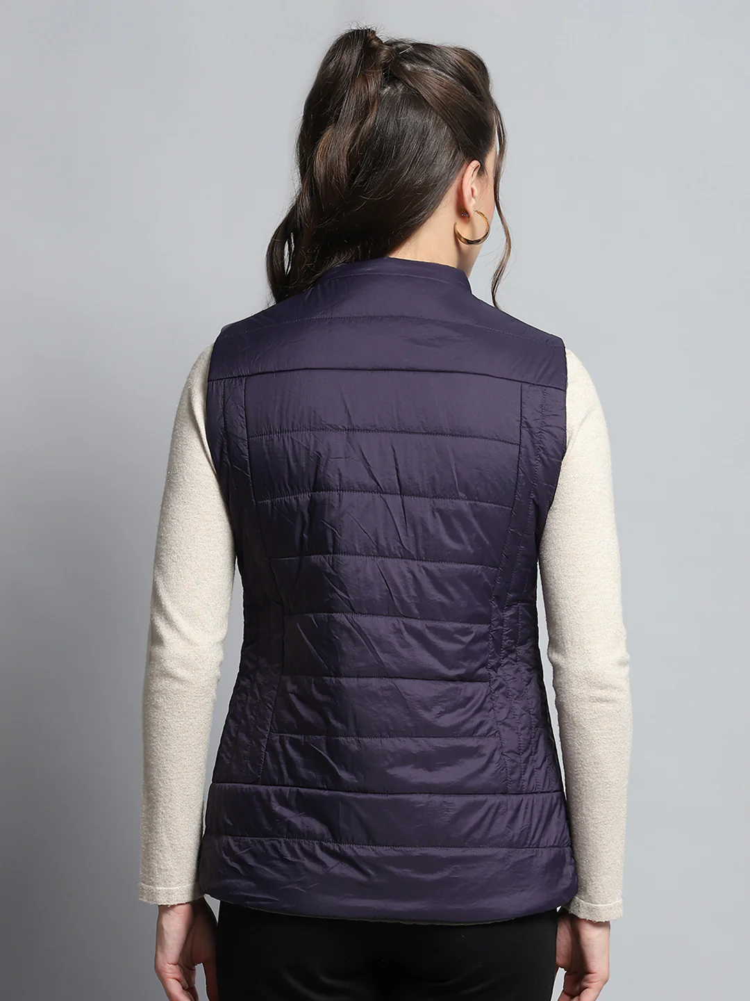 Women Purple Solid Mock Neck Sleeveless Reversible Jacket - Image 5