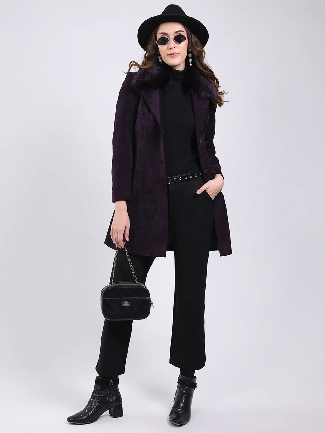 Women Purple Solid Notch Lapel Collar Full Sleeve Coat - Image 2