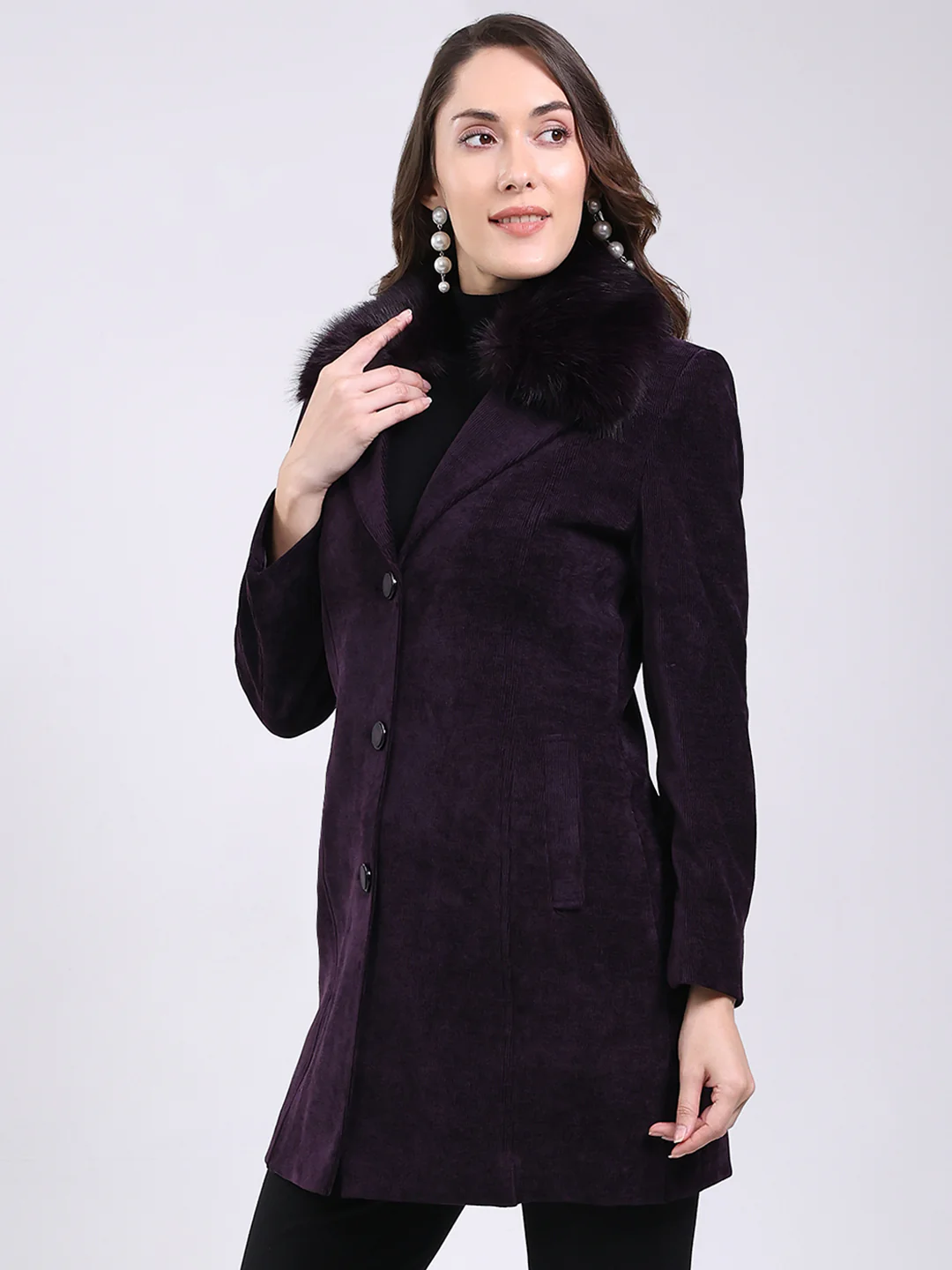 Women Purple Solid Notch Lapel Collar Full Sleeve Coat - Image 3