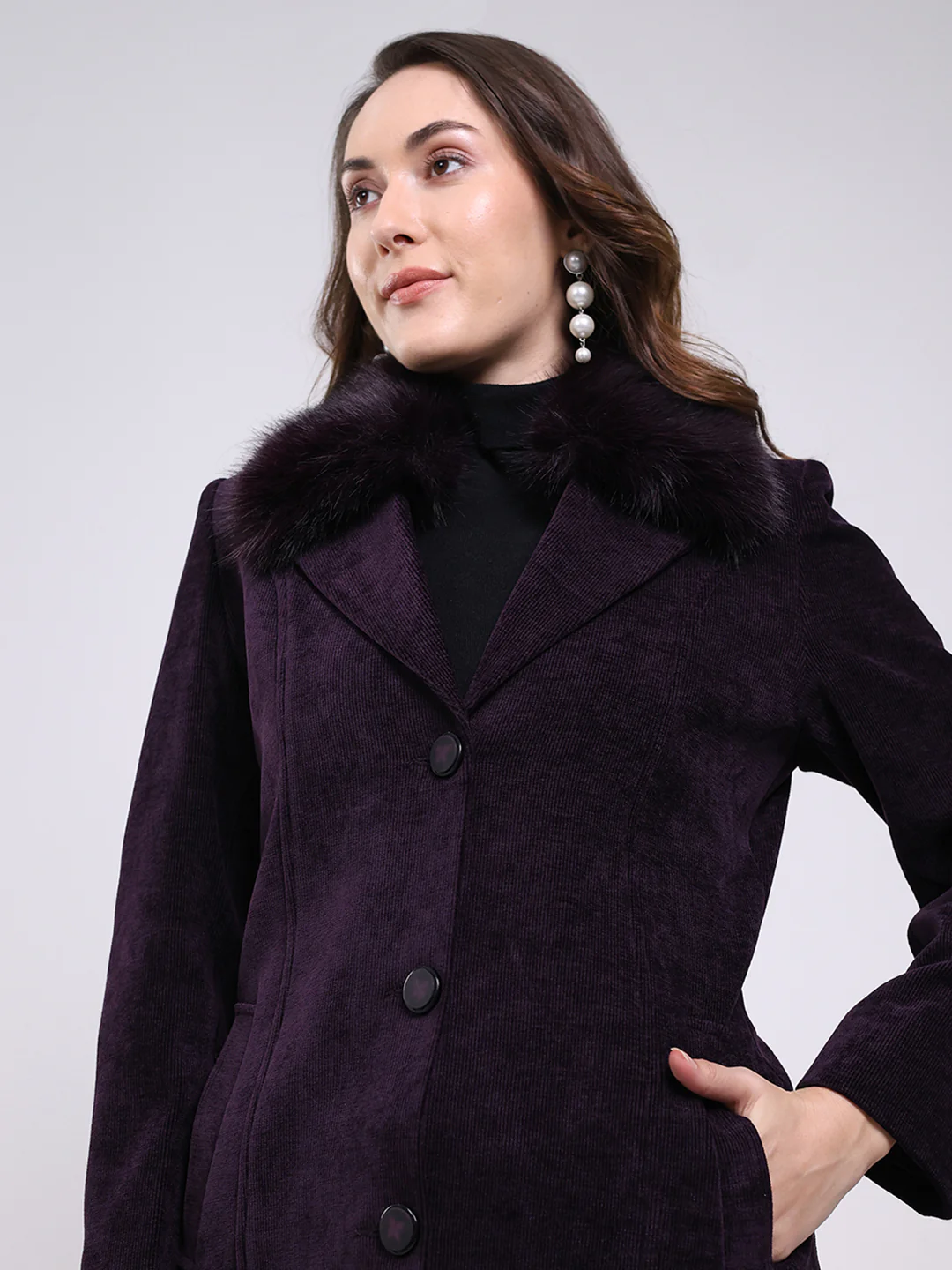 Women Purple Solid Notch Lapel Collar Full Sleeve Coat - Image 6