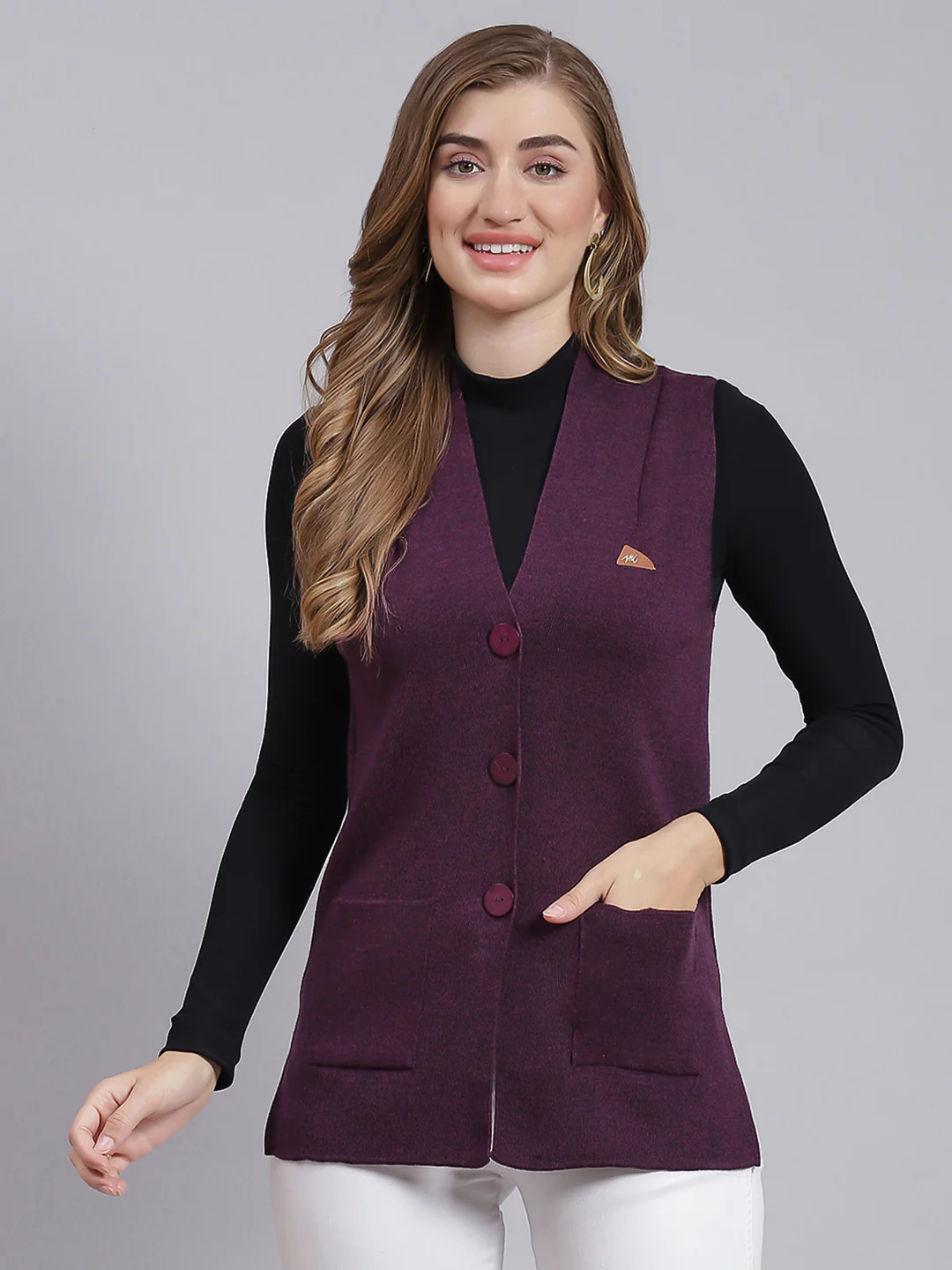 Women Purple Solid Pure wool Cardigan - Image 2