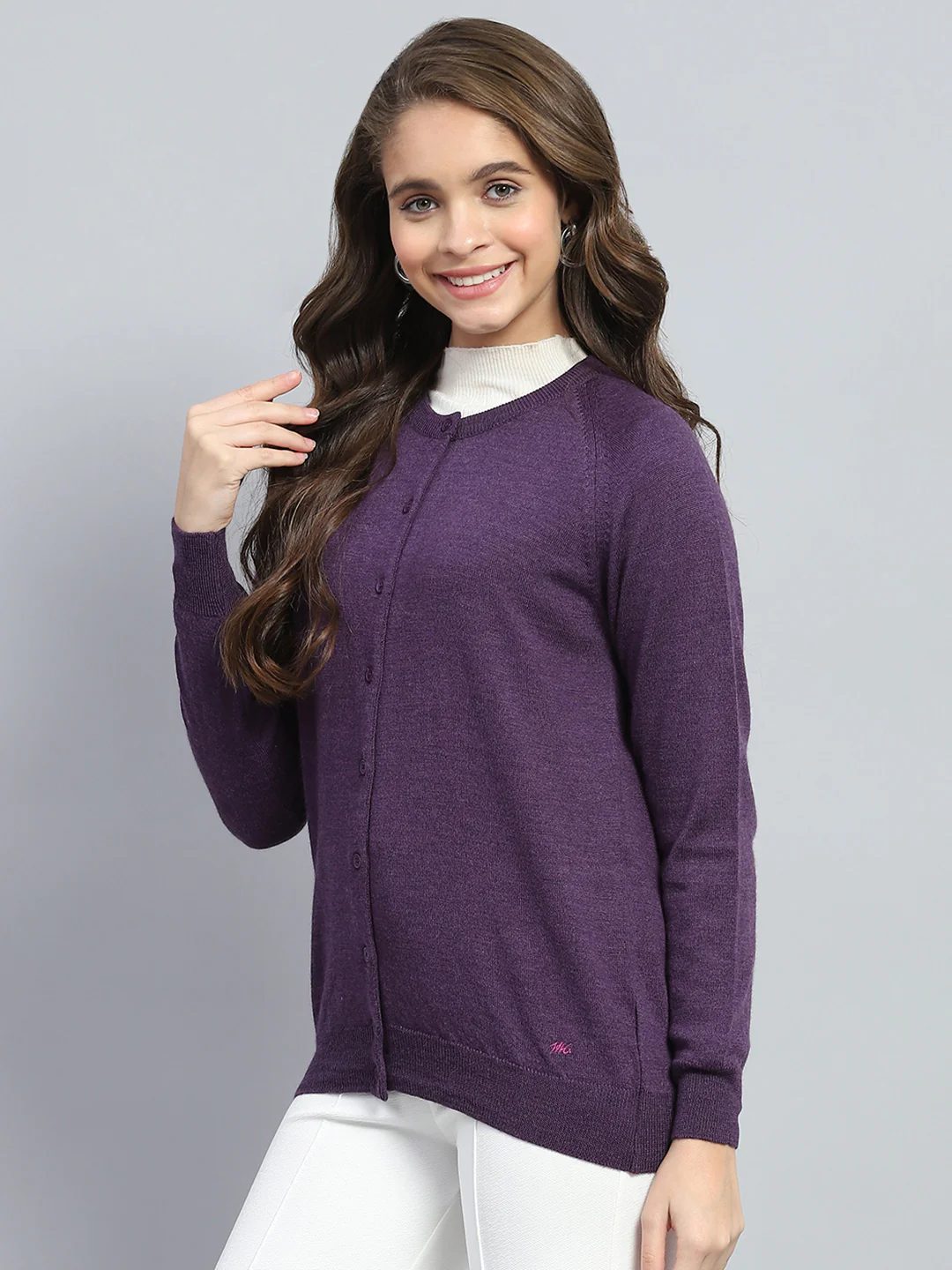 Women Purple Solid Round Neck Full Sleeve Cardigan - Image 3