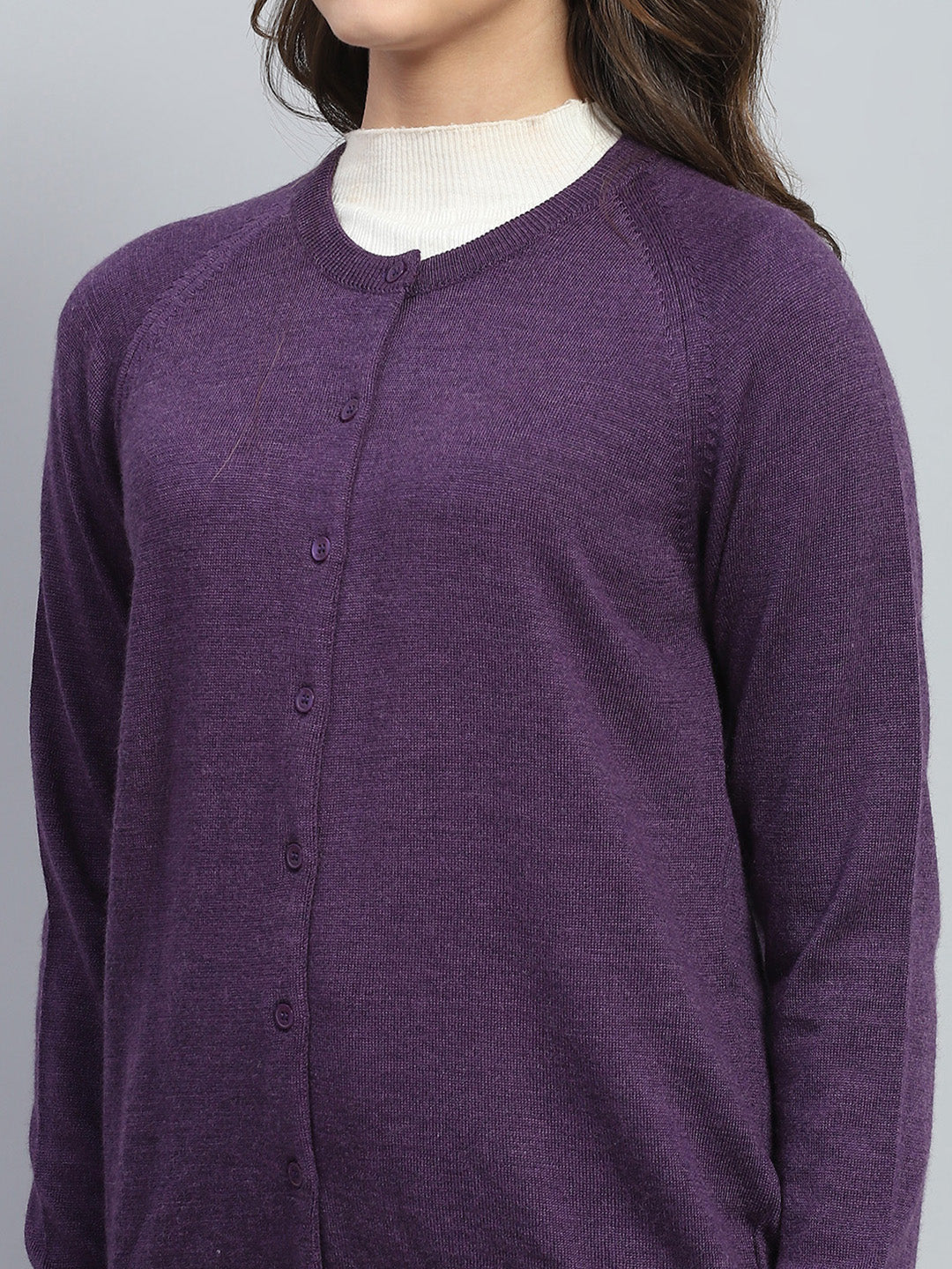 Women Purple Solid Round Neck Full Sleeve Cardigan - Image 6