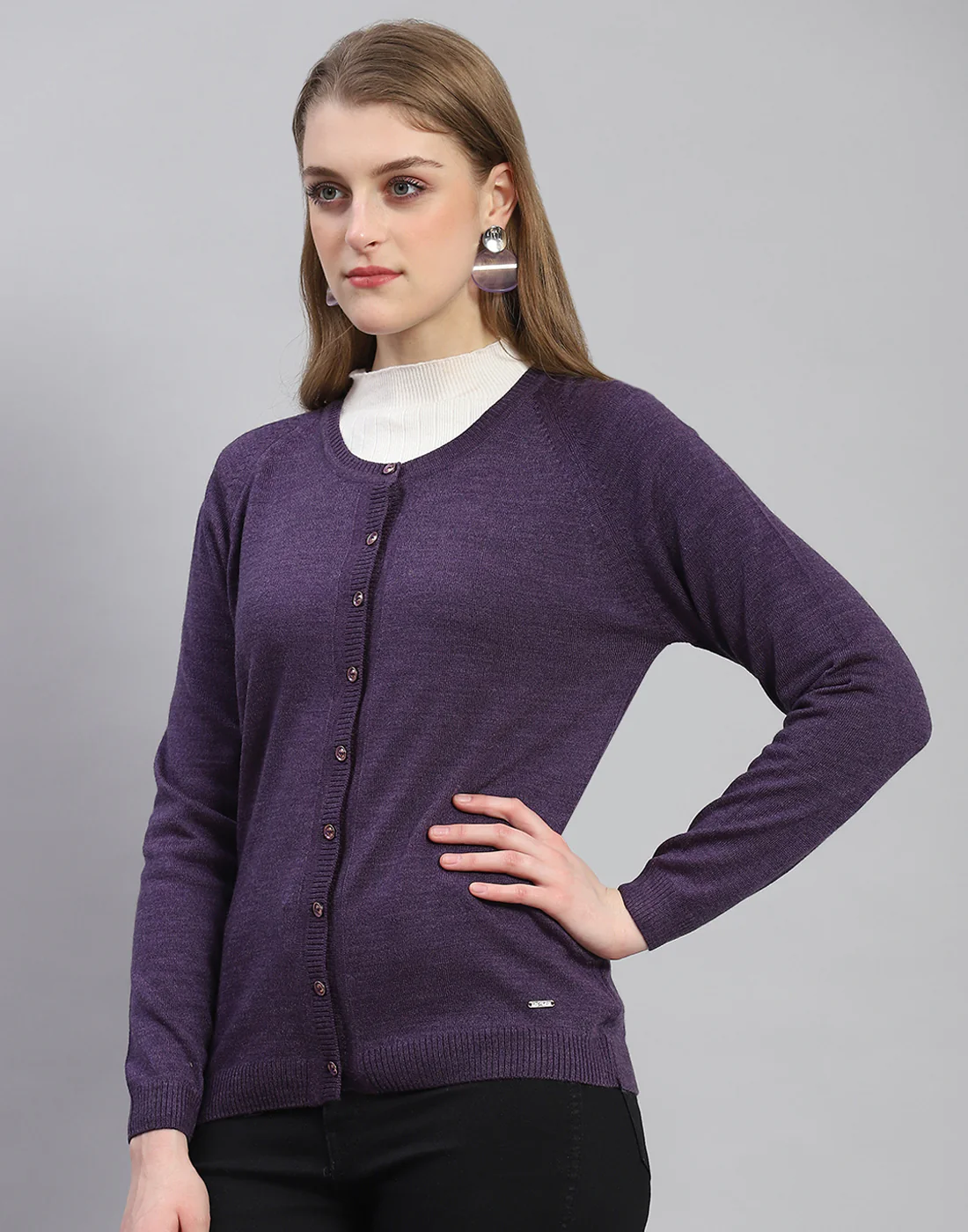 Women Purple Solid Round Neck Full Sleeve Cardigan - Image 3