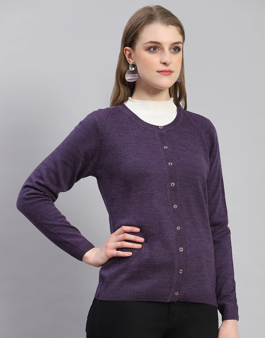 Women Purple Solid Round Neck Full Sleeve Cardigan - Image 4